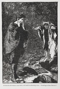 Ilustración de Jorinda y Joringel de Zachiel y la anciana. de Arthur Rackham