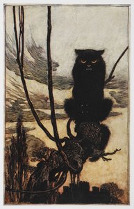 Ilustración de Jorinda y Joringel de un gato negro. de Arthur Rackham