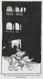 Ilustración de El pájaro de oro cuando el príncipe se lleva a la doncella a caballo. de Arthur Rackham