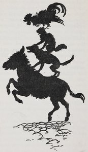 Ilustración de los Músicos de la ciudad de Bremen de un asno, un perro, un gato y un gallo.