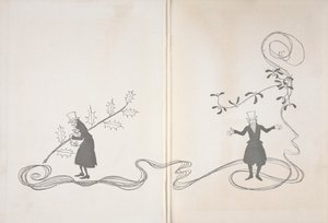 Ilustración de Scrooge. Por un lado se le representa con una ramita de acebo, agarrando una bolsa de dinero y con aspecto enfadado. En el otro, aparece con una ramita de muérdago y parece feliz. de Arthur Rackham