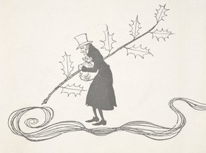 Ilustración de Scrooge, representado por una ramita de acebo, agarrando una bolsa de dinero y con cara de enfado. de Arthur Rackham