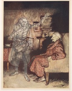 Ilustración de Scrooge con el Fantasma de las Navidades Pasadas de Arthur Rackham