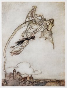 Ilustración de un dragón llevándose a la princesa de Los cuatro hermanos listos. de Arthur Rackham