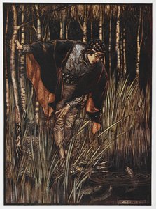 Ilustración de un joven junto a un estanque de La serpiente blanca. de Arthur Rackham