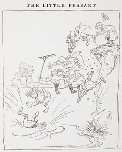 Ilustración de hombres saltando de un acantilado a un estanque de Los pequeños campesinos. de Arthur Rackham