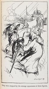 Ilustración de las tres brujas, Macbeth y Banquo.