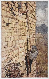 Ilustración de la bruja trepando por el pelo de Rapunzel. de Arthur Rackham
