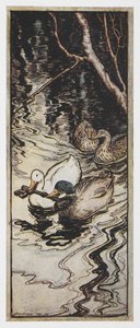 Ilustración de dos patos que llevan una llave de The Queen Bee. de Arthur Rackham