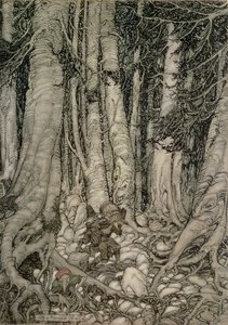 En el Bosque con un Barril de Rip Van Winkle escrito por Washington Irving (1783-1859), 1905 de Arthur Rackham
