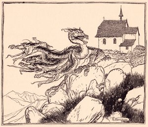 No tardó en llegar el dragón de siete cabezas, rugiendo ruidosamente. Ilustración de Arthur Rackham del cuento de hadas de Grimm, Los dos hermanos.