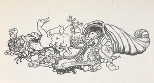 Artículos de un banquete navideño que salen de un cuerno. Incluye un pudin de Navidad, salchichas, un pavo, un cerdo, un pato, un faisán, una tarta y frutas.