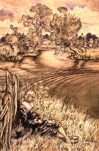 Izaak Walton recostado contra una cerca, una de una serie de ilustraciones de Izaak Walton, 