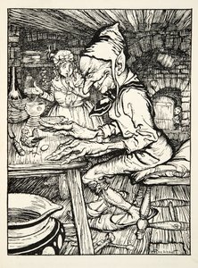 ¡Pon!, rugió el gigante y entonces la gallina puso inmediatamente un huevo de oro macizo, de The Arthur Rackham Fairy Book, pub. 1933
