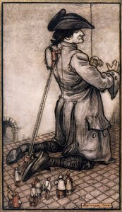 Sastres liliputienses midiendo a Gulliver para hacerle un traje nuevo, ilustración de Arthur Rackham (1867-1939) de Los viajes de Gulliver de Jonathan Swift (Dublín