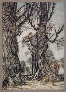 Portadores corriendo al frente llevando cerezas de invierno, de Peter Pan en los Jardines de Kensington de J M Barrie, pub. 1906 de Arthur Rackham