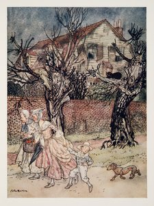 Maravillosas historias de campos encantados, arroyos encantados y casas encantadas, de La leyenda de Sleepy Hollow de Washington Irving (1783 - 1859), pub. 1928 de Arthur Rackham