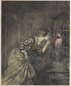 May Colvin y un loro en una jaula. de Arthur Rackham