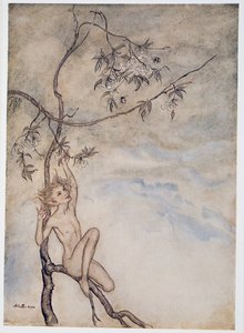 Alegremente, alegremente viviré ahora bajo la flor que cuelga de la rama, ilustración de La Tempestad de William Shakespeare, pub. 1926 de Arthur Rackham