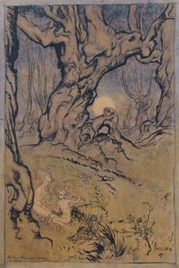 Hadas a la luz de la luna en un bosque de Arthur Rackham