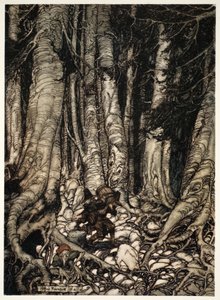 Aliviándose mutuamente, treparon por un estrecho barranco., de Rip Van Winkle por Washington Irving, pub. 1910 de Arthur Rackham