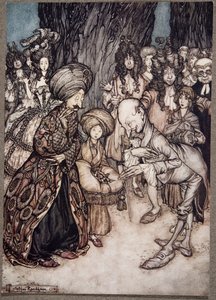 Mi señor duque, dijo el médico con entusiasmo, tengo el honor de informar a su excelencia que su gracia está enamorada..., de Peter Pan en los jardines de Kensington por J M Barrie (1860 - 1937), pub. 1906 de Arthur Rackham