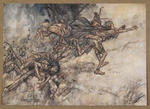 "¡Oh monstruoso! ¡Oh, extraño! Estamos embrujados. ¡Recen, señores! ¡Vuelen, señores! ¡Socorro!
Una escena de "Sueño de una noche de verano". de Arthur Rackham