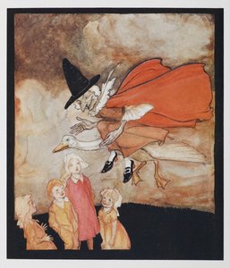 La vieja Mamá Ganso, volando sobre unos niños con una capa roja y un sombrero negro. de Arthur Rackham