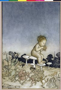 Peter Pan es la orquesta de las hadas, ilustración de Peter Pan en los Jardines de Kensington, por J.M. Barrie, 1806 de Arthur Rackham