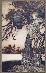 Presentó su extraño caso ante el viejo Solomon Caw, de Peter Pan en los jardines de Kensington de J. M. Barrie (1860 - 1937), pub. 1906 de Arthur Rackham