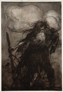 Rip se despierta. Seguramente, pensó, ¿no he dormido aquí toda la noche? ¡Oh! ¡Esa jarra! ¡Esa maldita jarra! ¿Qué excusa le daré a Dame Van Winkle? de Rip Van Winkle de Washington Irving, pub. 1910 de Arthur Rackham