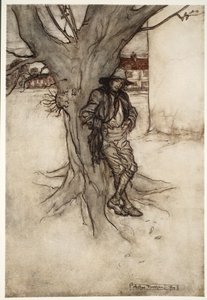 El hijo de Rip, una copia exacta de él mismo, mientras subía la montaña., de Rip Van Winkle de Washington Irving, pub. 1910