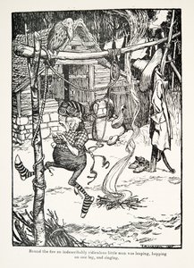 Alrededor del fuego un hombrecito indescriptiblemente ridículo saltaba, brincaba en una pierna y cantaba, de Los cuentos de hadas de los hermanos Grimm, pub. 1909 de Arthur Rackham