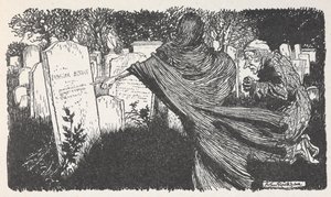 Scrooge y un fantasma en un cementerio de noche. de Arthur Rackham