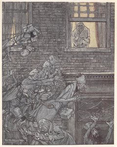 Scrooge en su ventana viendo fantasmas en la calle de abajo