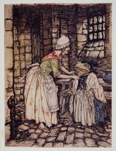 Ella arregló el chal con un pliegue profesional y ató las cuerdas del sombrero oxidado bajo su barbilla, de El viento en los sauces de Kenneth Grahame (1859 - 1932), pub. 1940 de Arthur Rackham