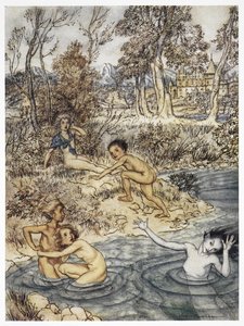 Se cruzó con toda una bandada de niños". Ilustración en color del cuento "La Sirenita".
