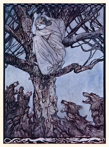 Ella miró con ira y tristeza a la horda que se esforzaba y gruñía abajo de El cortejo de Becfola en Cuentos de hadas irlandeses de Arthur Rackham
