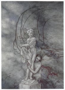 Rodeó con los brazos la figura de mármol que se parecía tanto al príncipe". Ilustración para el cuento "La Sirenita". de Arthur Rackham