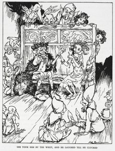 "Ella lo tomó de la muñeca, y él se rió hasta cacarear". Doncellas elfinas y duendes. Ilustración de "la colina de los duendes". de Arthur Rackham