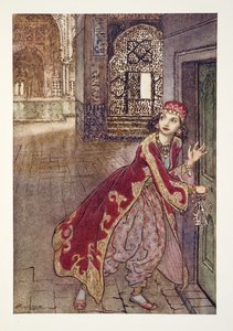 Tomó entonces la pequeña llave y abrió la puerta, temblando, del Libro de Cuentos de Hadas de Arthur Rackham, pub. 1933 de Arthur Rackham