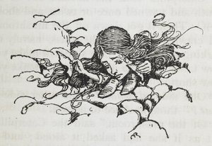 Alicia encogida después de comer un poco del hongo de la Oruga de Arthur Rackham