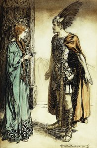 Siegfried se encuentra con Gutrune: El ocaso de los dioses de Arthur Rackham
