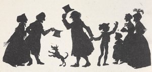 Silueta de un niño y un hombre saludando a la gente de camino a casa desde la iglesia. de Arthur Rackham
