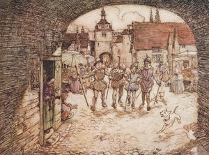 Así que los cuatro hermanos tomaron sus bastones en sus manos, se despidieron de su padre y salieron por la puerta de la ciudad, de Los cuentos de hadas de los hermanos Grimm, pub. 1909 de Arthur Rackham