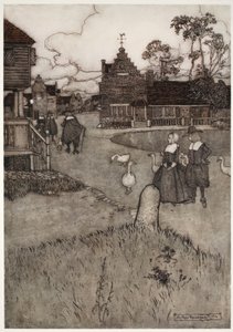 Algunas de las casas de los colonos originales, de Rip Van Winkle de Washington Irving, pub. 1910 de Arthur Rackham