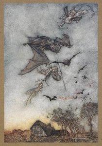 Algunos se pelean con ratones por sus alas de cuero".
Una escena de "Sueño de una noche de verano". de Arthur Rackham