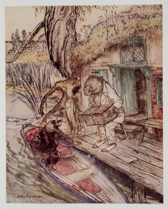 Pon eso bajo tus pies, observó al Topo, mientras bajaba al bote, de El viento en los sauces de Kenneth Grahame (1859 - 1932), pub. 1940 de Arthur Rackham