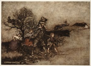 Rodeado por un grupo de niños., de Rip Van Winkle de Washington Irving, pub. 1910