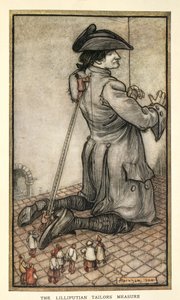 Sastres de Liliput midiendo a Gulliver, ilustración de Los viajes de Gulliver de Jonathan Swift, por Arthur Rackham